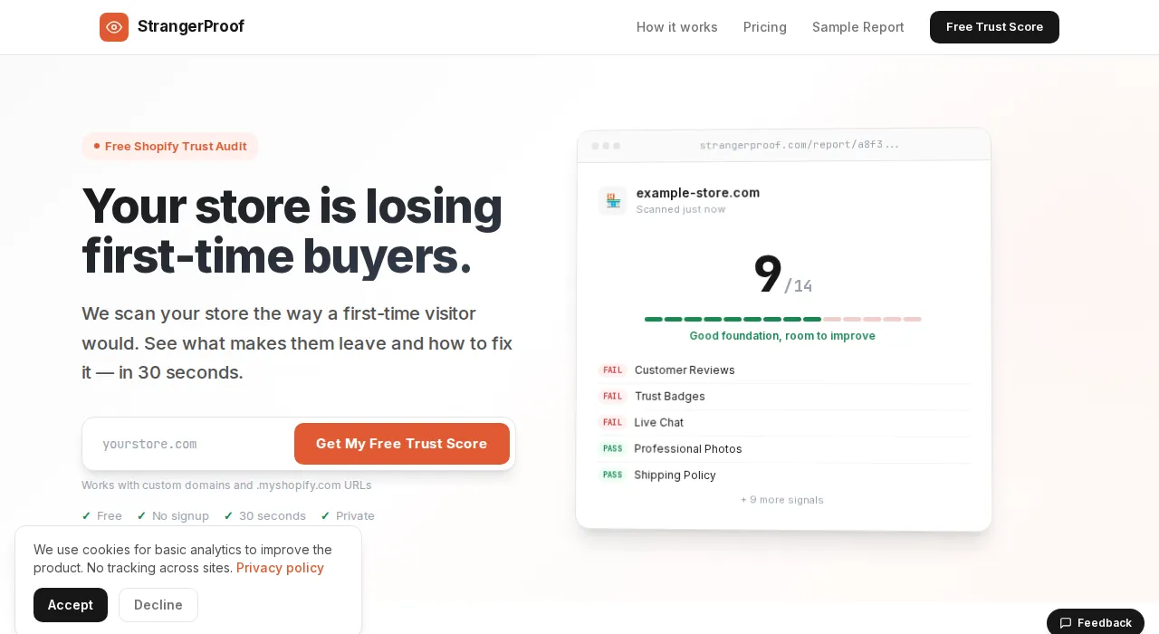 StrangerProof dashboard showing a Shopify store trust audit with a score of 9 out of 18